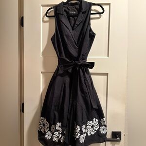 Jones New York Black Dress with Embroidered White Floral Trim - 100% Cotton